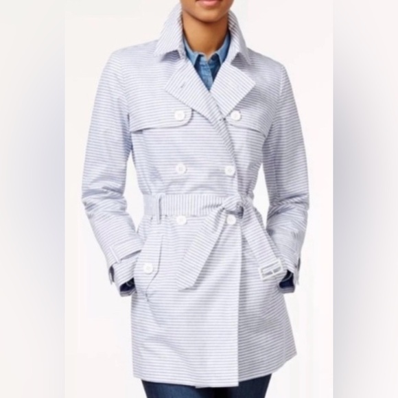 Tommy Hilfiger Jackets & Blazers - Tommy Hilfiger NWOT Light Blue and White Striped Double Breasted Trench Coat